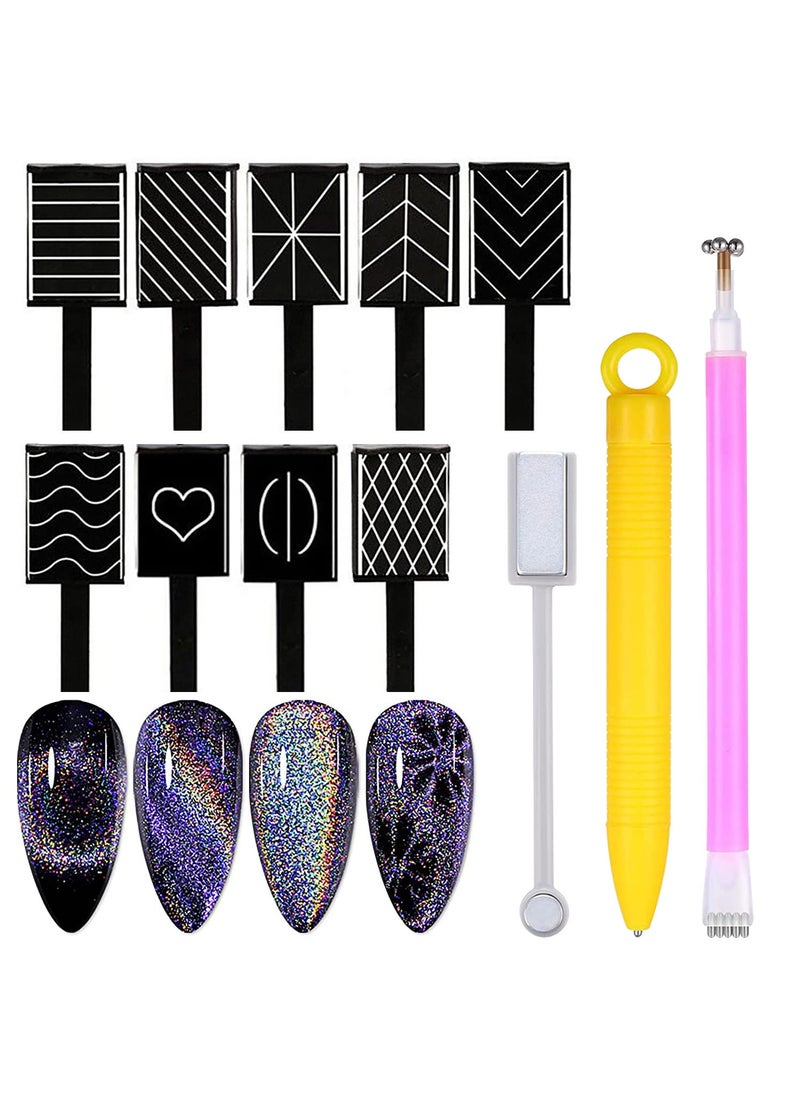 SILPECWEE 12Pcs Nail Magnet Tools Cat Eye Magnet for Nails Magnetic Nail Polish Pen 3d Nail Design Kit Gel Polish Magnet Stick Nail Art Accessories for DIY Nails Decoration Studio or Home