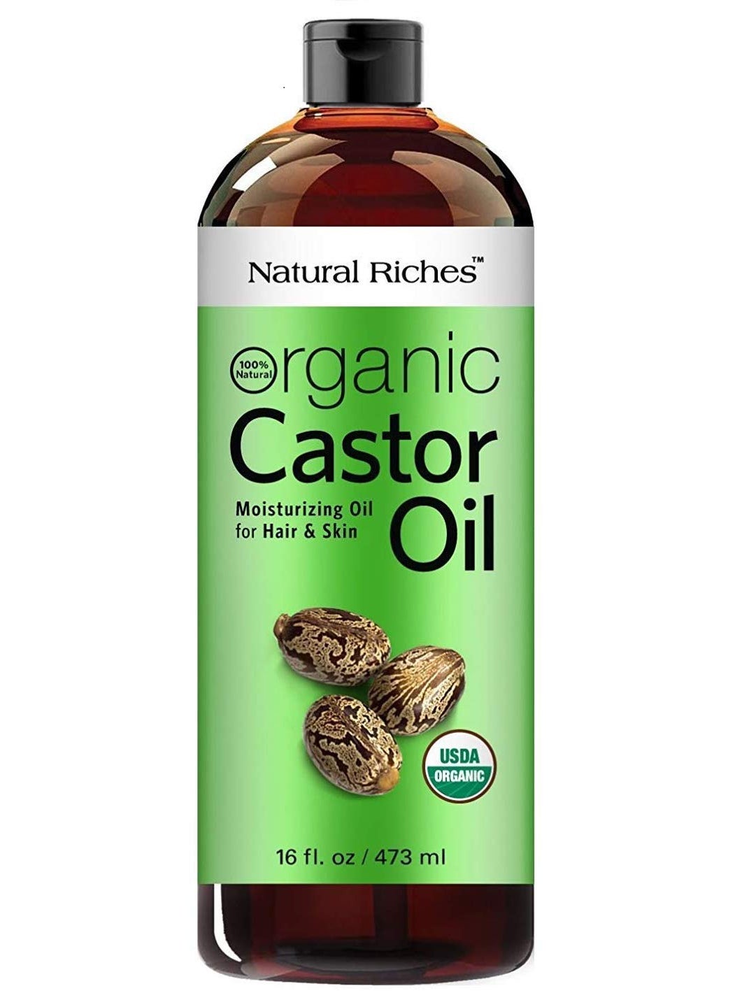 Natural Riches Organic Castor Oil - Cold Pressed, USDA Certified for Hair Growth, Thicker Eyelashes, Eyebrows - Moisturizes Dry Skin and Hair, Helps with Dandruff - Hexane-Free, 16 fl. oz.