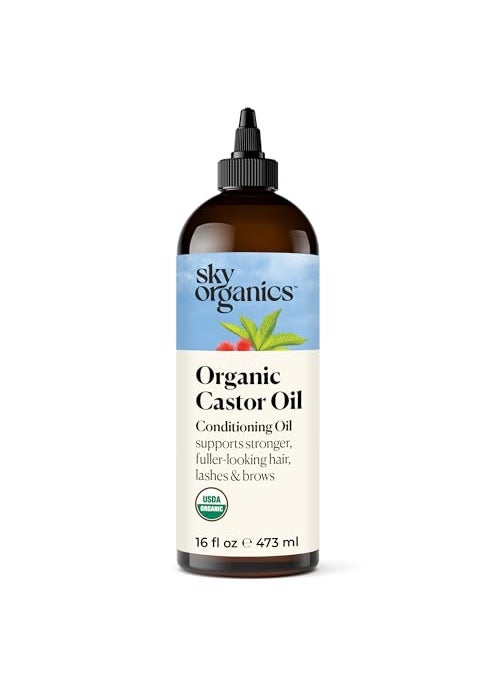 Sky Organics Organic Castor Oil, 100% Pure, Hexane Free, Cold-Pressed to Support Stronger, Fuller-Looking Hair, Eyelashes & Eyebrows,Good for Castor Packs, Navel Oiling, Carrier Oil Use, 16 fl oz