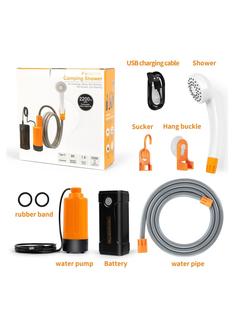 Portable Outdoor Shower, Outdoor Electric Shower Rechargeable Pump, LED Lighting, USB Charging, Detachable Battery, Pumps The Water from The Bucket into a Stable and Gentle Shower Stream
