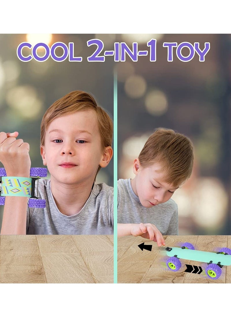 Pull Back Skateboard Slap Bracelets, Set of 4, Skateboard Bracelets for Kids with Pullback Motion, Wristbands for Children in 4 Different Designs, Skate Board Party Favors, Teenager Children Toys