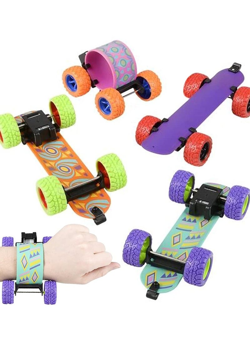 Pull Back Skateboard Slap Bracelets, Set of 4, Skateboard Bracelets for Kids with Pullback Motion, Wristbands for Children in 4 Different Designs, Skate Board Party Favors, Teenager Children Toys