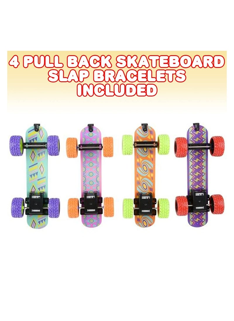 Pull Back Skateboard Slap Bracelets, Set of 4, Skateboard Bracelets for Kids with Pullback Motion, Wristbands for Children in 4 Different Designs, Skate Board Party Favors, Teenager Children Toys