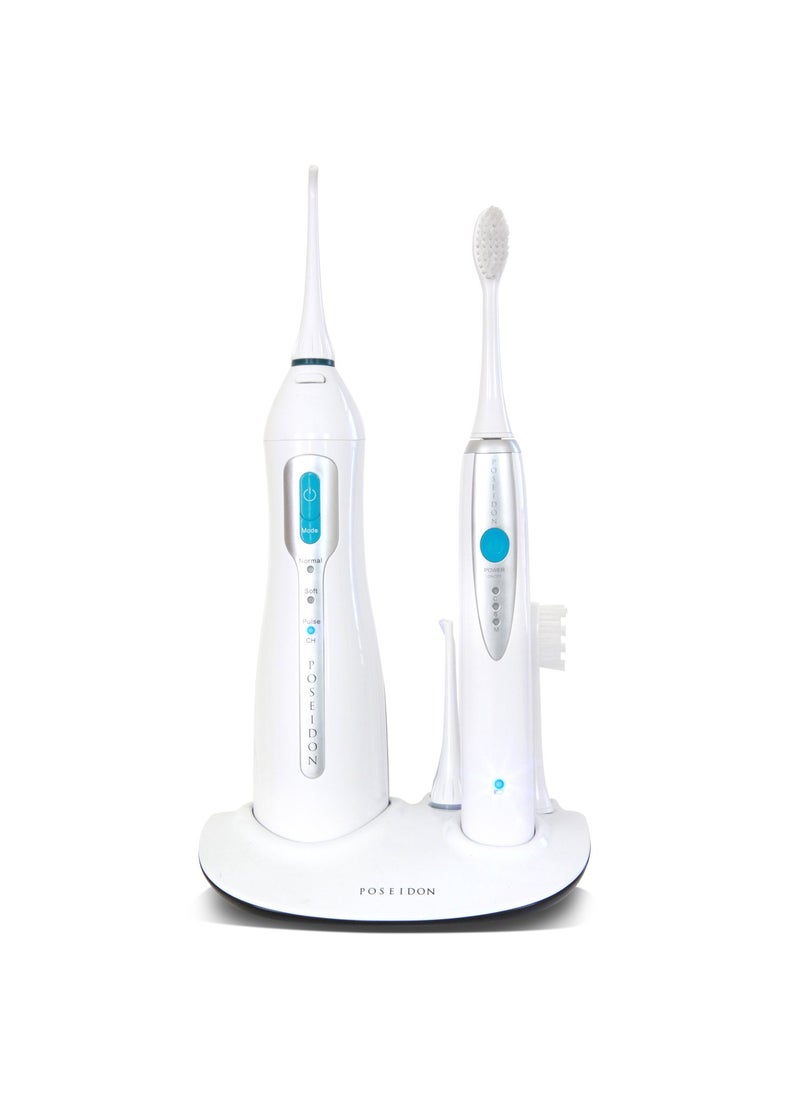 ToiletTree Products Poseidon Irrigator and Toothbrush Combo - Rechargeable Sonic Toothbrush and Oral Irrigator to Support Oral Health and Fight Bad Breath - Comes with Extra Tips for Multiple Users