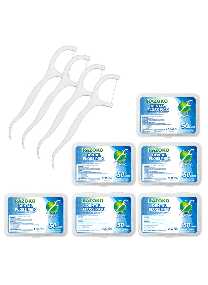RAZOKO Dental Floss Picks High Toughness Professional Toothpicks Sticks 6-Pack(300pcs) with Portable Case and Dental Picks Perfect for Family,Hotel,Travel