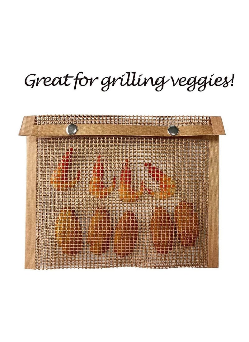BBQ Mesh Grill Bags High Temperature Resistant Grid Barbecue Bag Reusable Grilling Pouches for Charcoal Gas Electric Grills Set Is A Must-Have All Event 2 Pack Brown