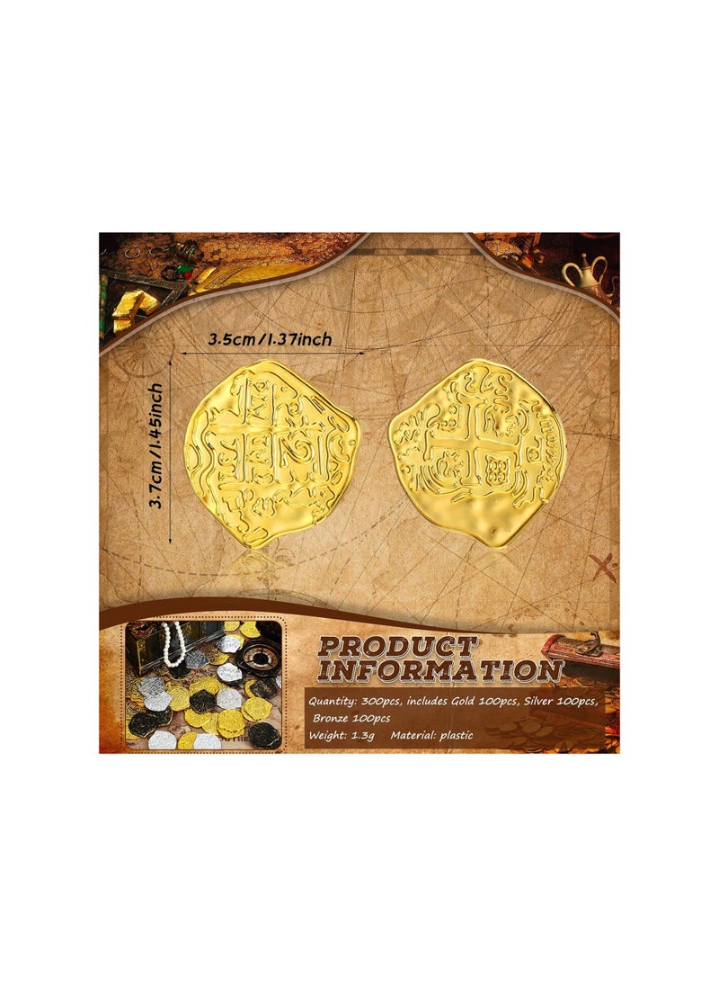 300 Pcs Pirate Gold Coins, Plastic Doubloon Bulk Kids Fake Play, For Party Treasure Chest Games Tokens Toys, Box Filler, Party Bag Stuffers Or Stage Performance Props, Gold, Silver, Bronze (Irregular)