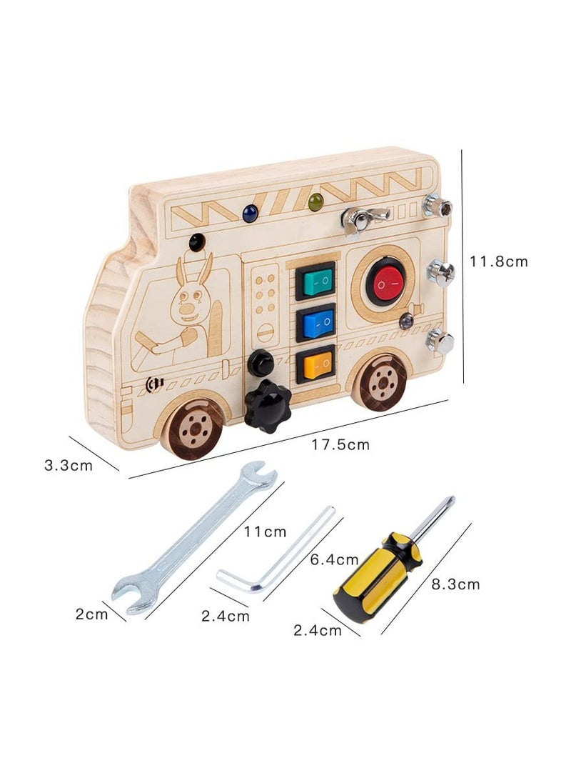 3-in-1 Busy Board with LED Light, Montessori Busy Board with Screwdriver Mini Set, Fire truck Fine Motor Skills Toys, Car Busy Board Wooden, with ons to Push Wooden Toys, Square Circuit Board