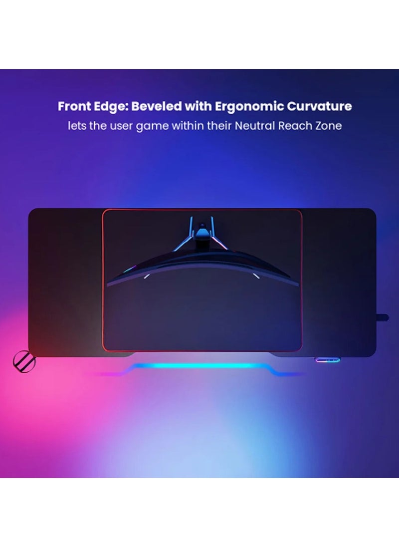 SH GMD06 2 RGB Sit-Stand Gaming Desk with Electric Height Adjustment, LED Lighting Effects, Curved Tabletop, Headphone Hook, Cup Holder & Mouse Pad – Ergonomic Setup for PC Gamers