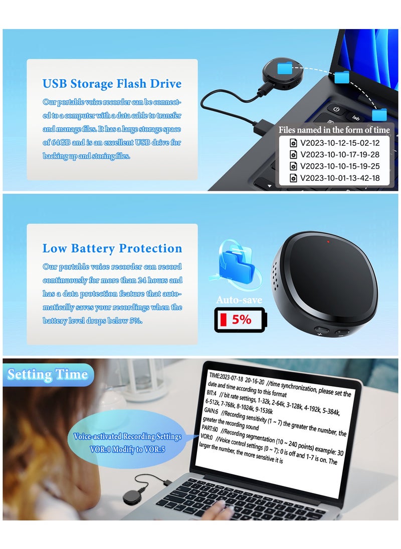 64GB Digital Magnetic Voice Recorder with Speaker Instant Playback and USB Flash Drives- 750 Hours Voice Activated Recorder Portable Tape Recorder Small Audio Recorder for Lectures Meetings Interviews