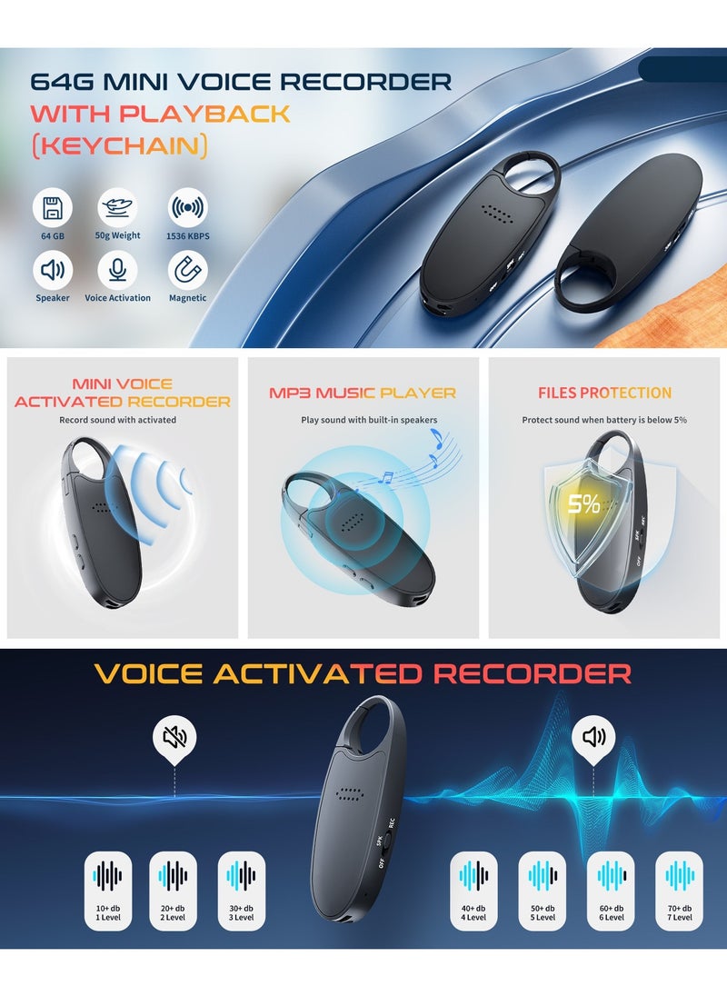 64GB (800 Hour) Digital Magnetic Voice Recorder with Playback, 4-in-1 Portable Mini Voice Activated Audio Recorder with AI Noise Cancelling, MP3 Player, Voice Device for Lectures, Meetings, Classroom