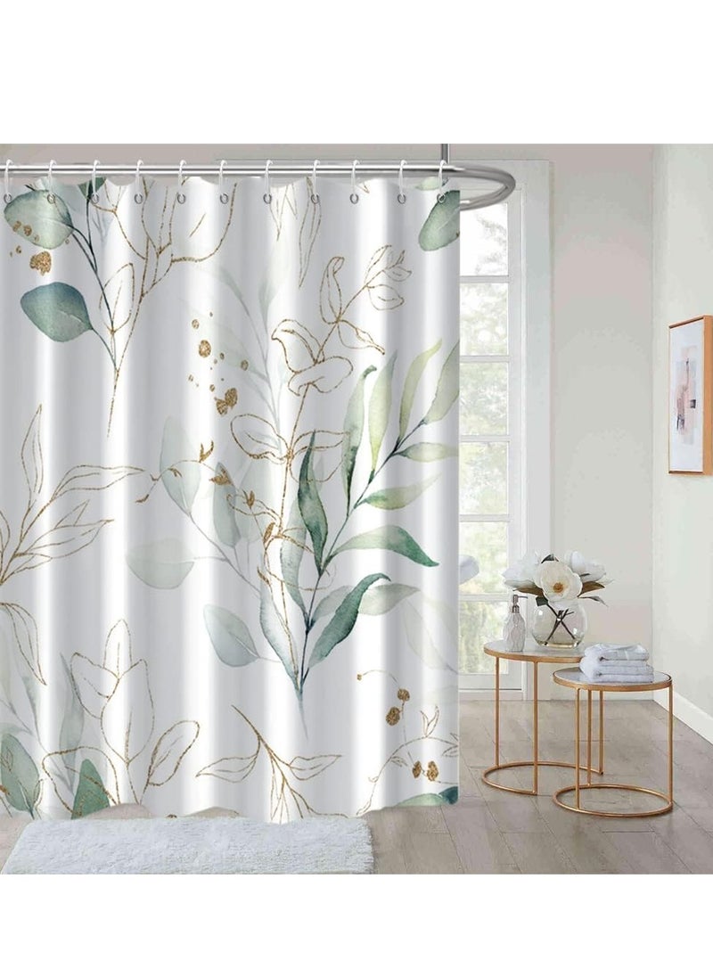 Green Eucalyptus Shower Curtain Abstract Sage Green and Gold Leaves Shower Curtain Set for Bathroom Waterproof Fabric Aesthetic Watercolor Botanical Bathroom Decor with Hooks