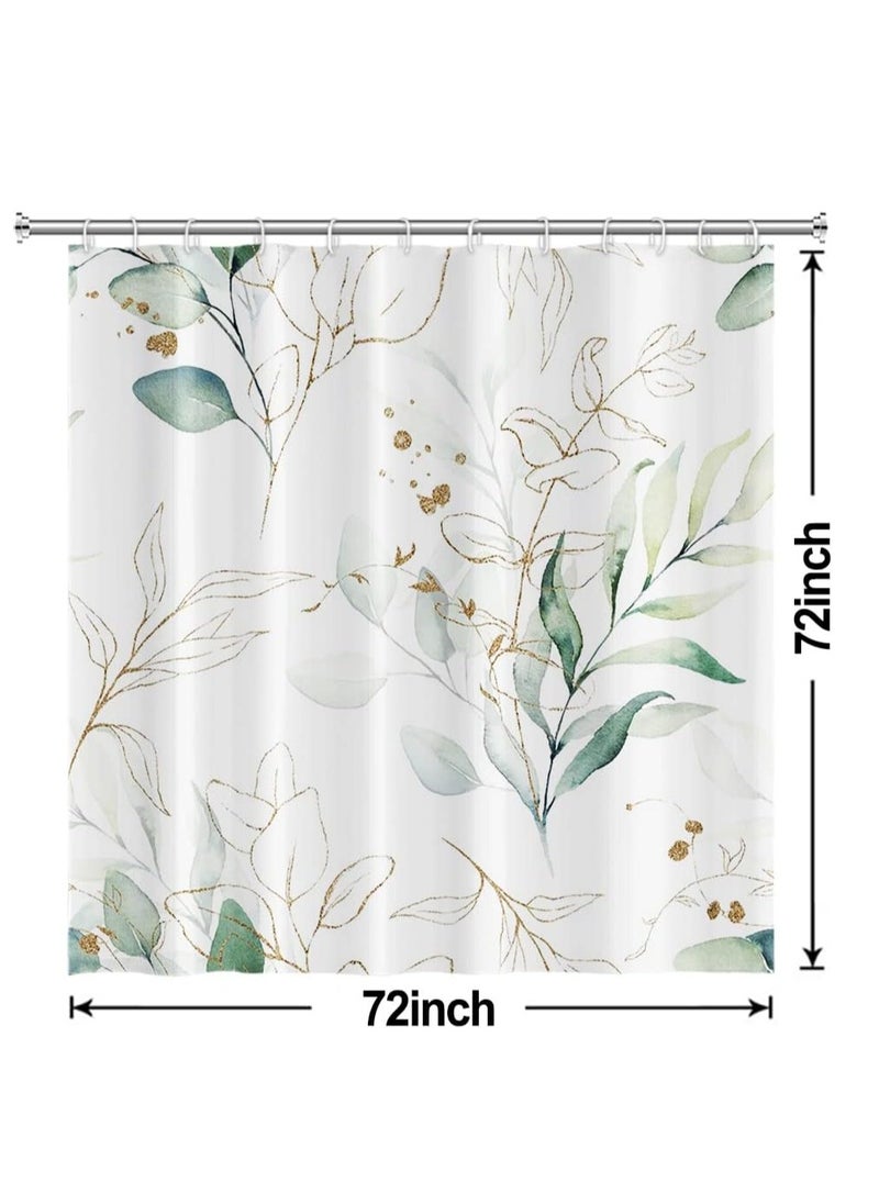 Green Eucalyptus Shower Curtain Abstract Sage Green and Gold Leaves Shower Curtain Set for Bathroom Waterproof Fabric Aesthetic Watercolor Botanical Bathroom Decor with Hooks