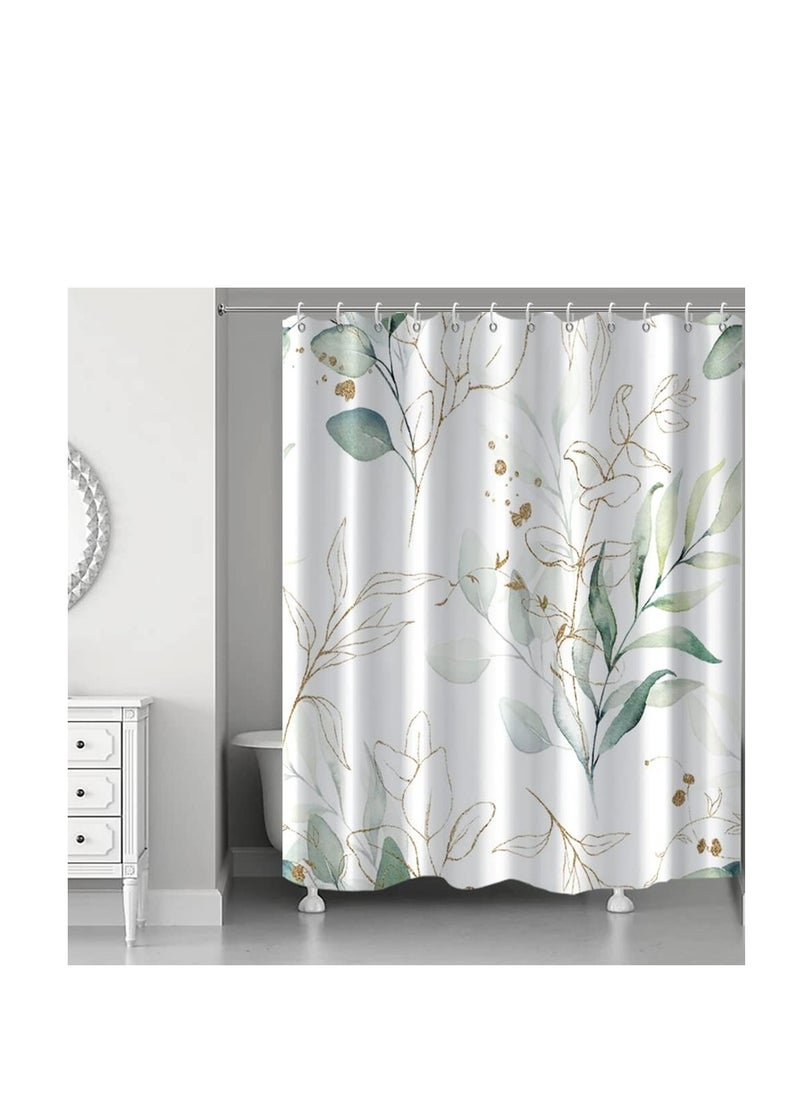 Green Eucalyptus Shower Curtain Abstract Sage Green and Gold Leaves Shower Curtain Set for Bathroom Waterproof Fabric Aesthetic Watercolor Botanical Bathroom Decor with Hooks
