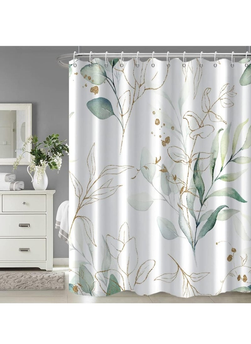 Green Eucalyptus Shower Curtain Abstract Sage Green and Gold Leaves Shower Curtain Set for Bathroom Waterproof Fabric Aesthetic Watercolor Botanical Bathroom Decor with Hooks