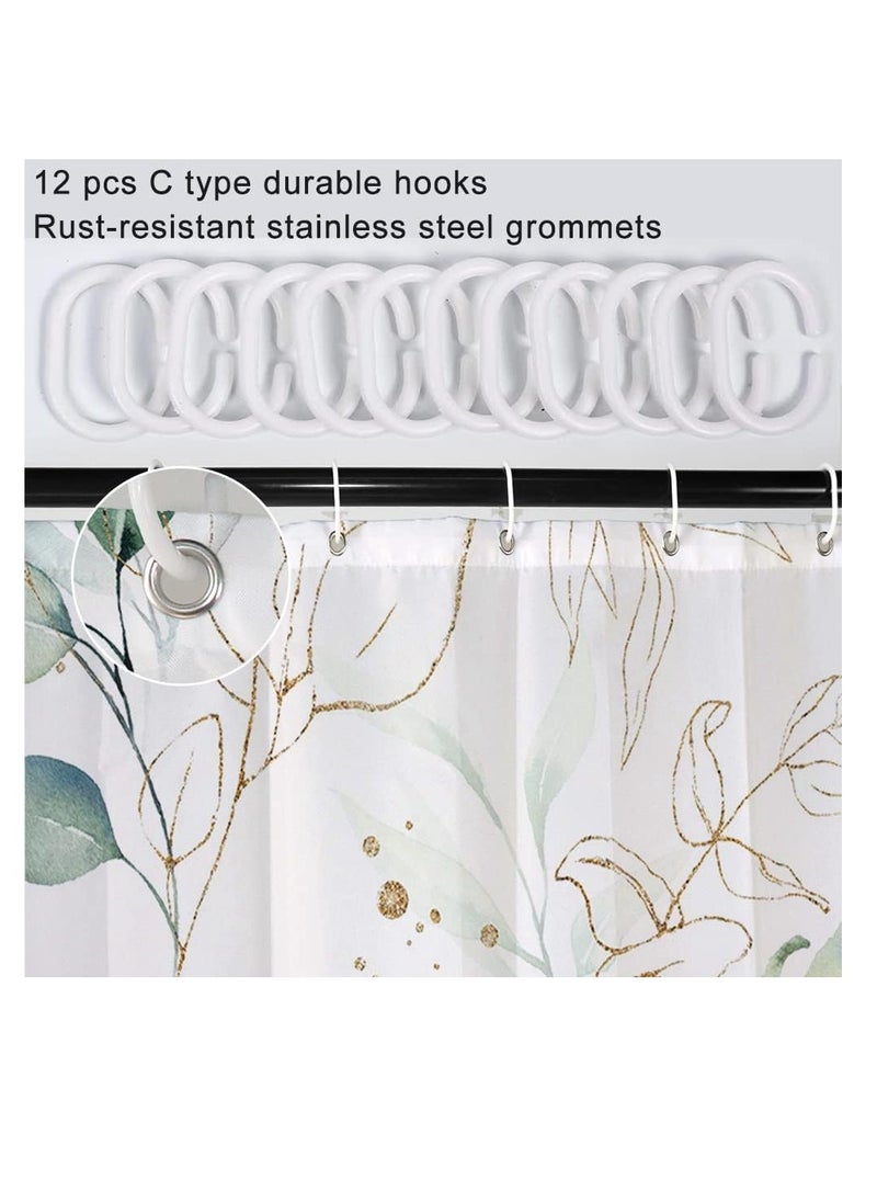 Green Eucalyptus Shower Curtain Abstract Sage Green and Gold Leaves Shower Curtain Set for Bathroom Waterproof Fabric Aesthetic Watercolor Botanical Bathroom Decor with Hooks