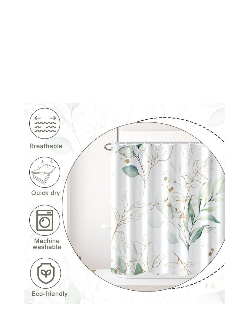 Green Eucalyptus Shower Curtain Abstract Sage Green and Gold Leaves Shower Curtain Set for Bathroom Waterproof Fabric Aesthetic Watercolor Botanical Bathroom Decor with Hooks
