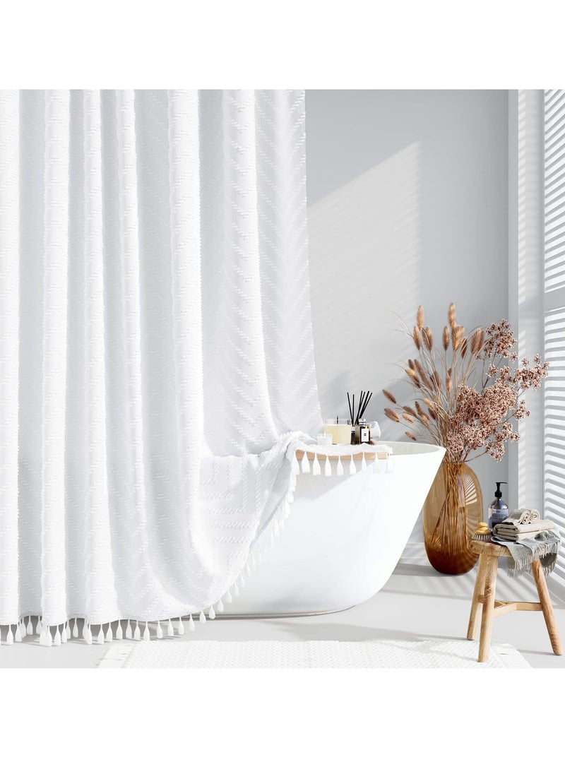 Boho Farmhouse Shower Curtain, 72 x 72 White Tufted Chevron Striped with Tassels, Water Repellent Fabric for Bathroom, Minimalist Ruffled Design with Hooks
