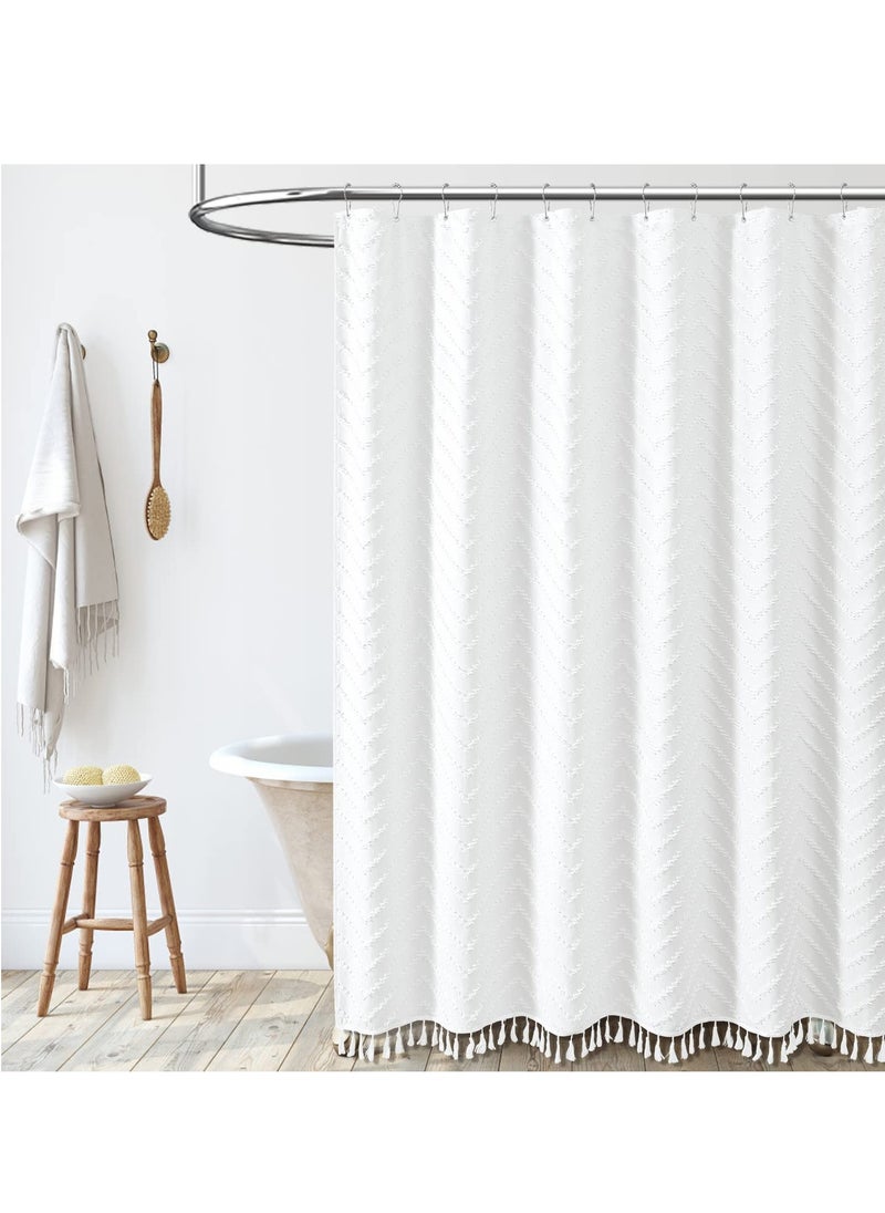 Boho Farmhouse Shower Curtain, 72 x 72 White Tufted Chevron Striped with Tassels, Water Repellent Fabric for Bathroom, Minimalist Ruffled Design with Hooks
