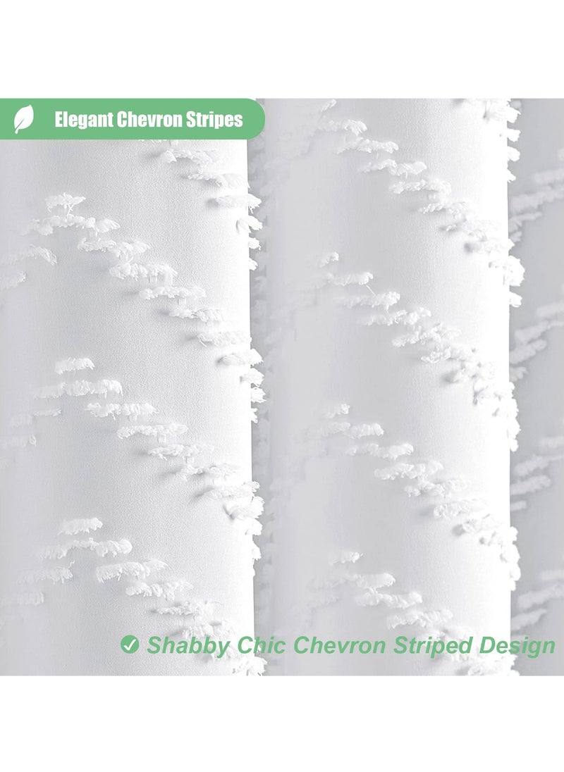 Boho Farmhouse Shower Curtain, 72 x 72 White Tufted Chevron Striped with Tassels, Water Repellent Fabric for Bathroom, Minimalist Ruffled Design with Hooks