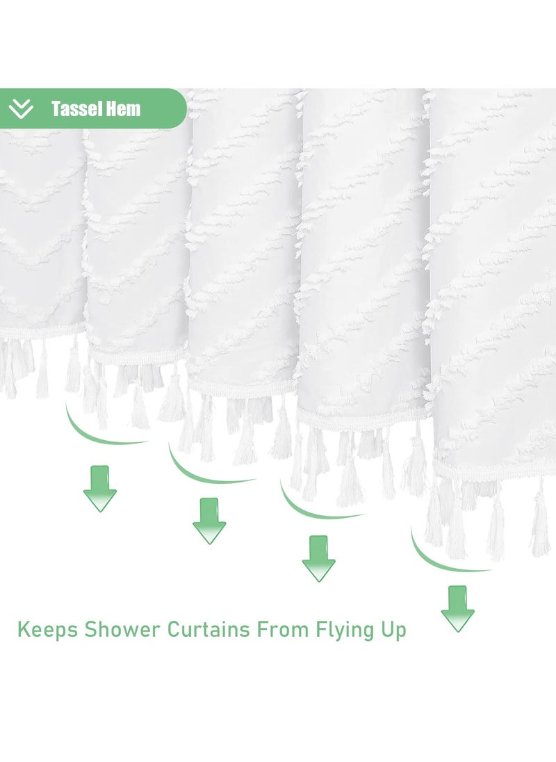 Boho Farmhouse Shower Curtain, 72 x 72 White Tufted Chevron Striped with Tassels, Water Repellent Fabric for Bathroom, Minimalist Ruffled Design with Hooks