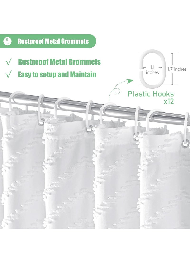 Boho Farmhouse Shower Curtain, 72 x 72 White Tufted Chevron Striped with Tassels, Water Repellent Fabric for Bathroom, Minimalist Ruffled Design with Hooks