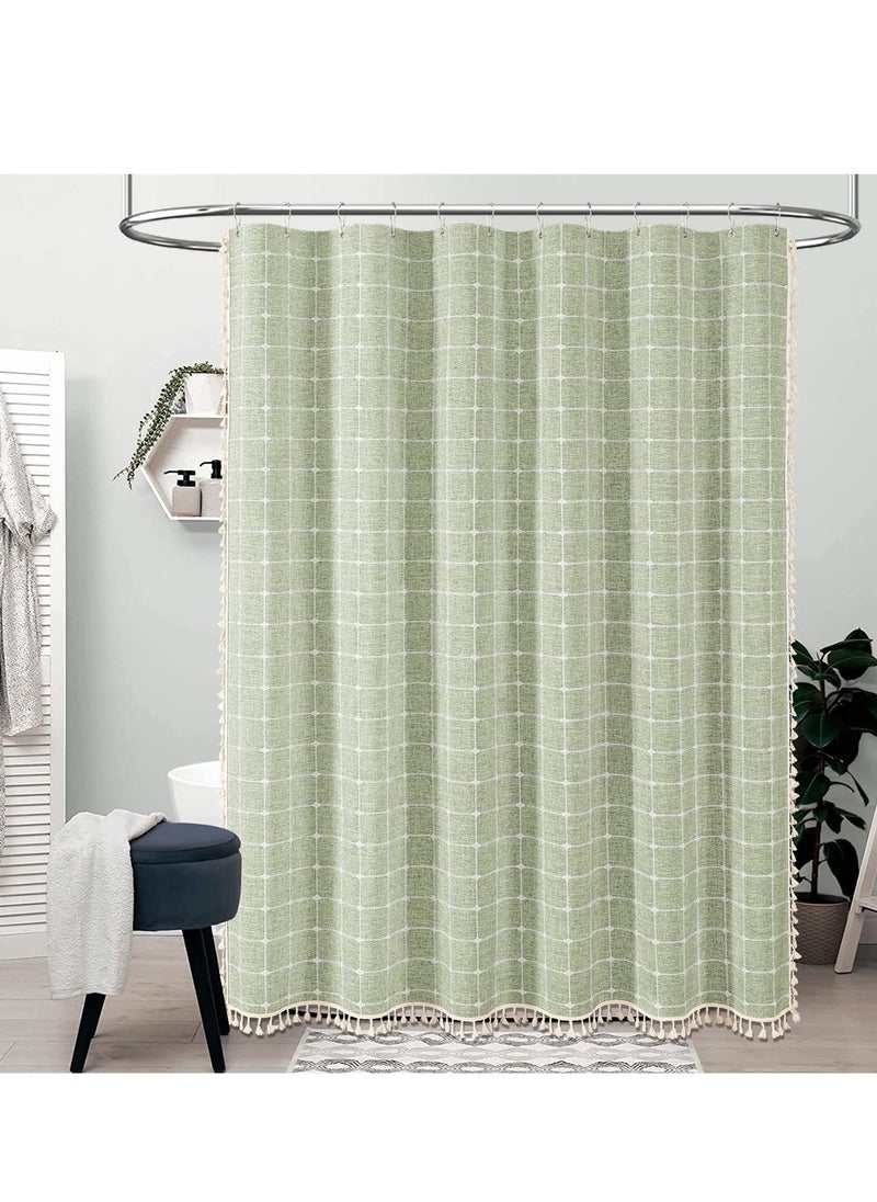Linen Farmhouse Shower Curtain with Tassel, Rustic Heavy Duty Fabric Set, Water Repellent, Bohemian Vintage Country Design, Thick Cloth Bathroom Shower Curtains, Sage Green, 72x72