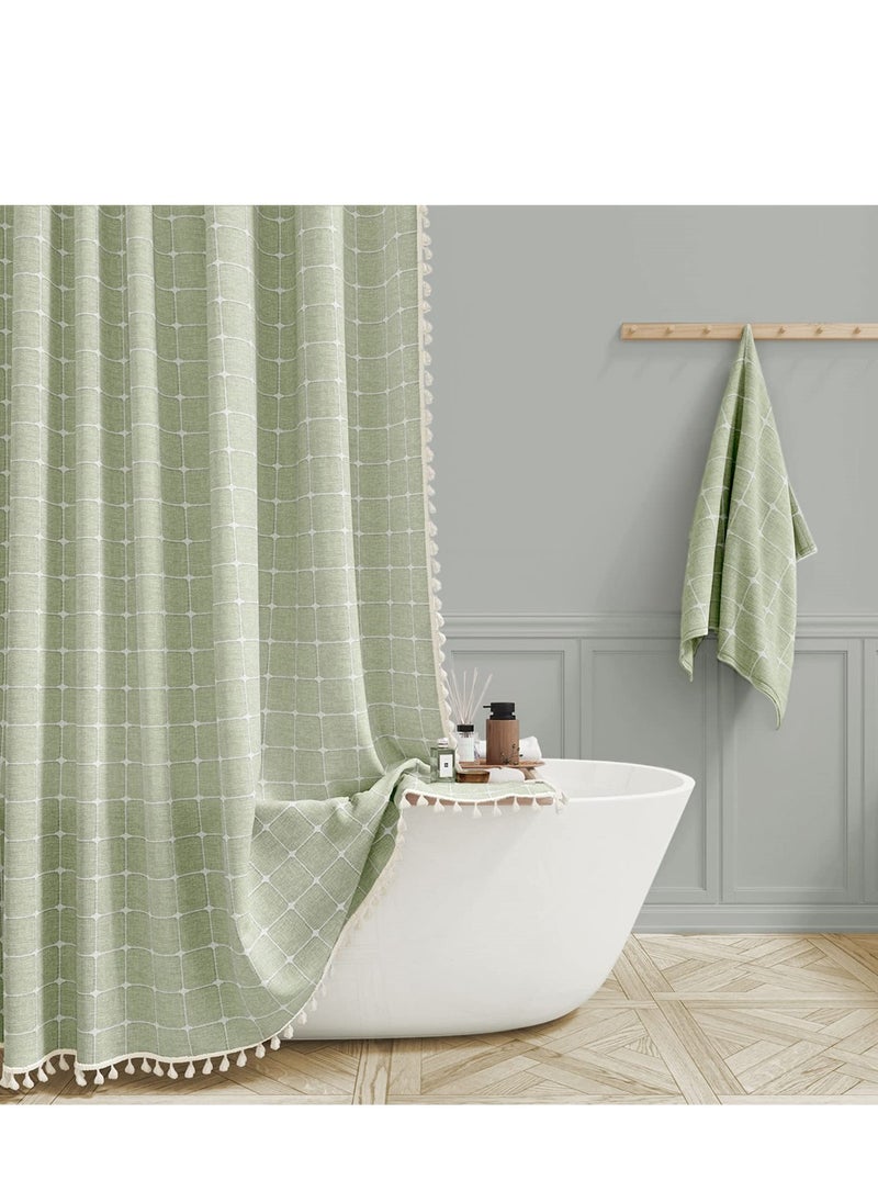 Linen Farmhouse Shower Curtain with Tassel, Rustic Heavy Duty Fabric Set, Water Repellent, Bohemian Vintage Country Design, Thick Cloth Bathroom Shower Curtains, Sage Green, 72x72