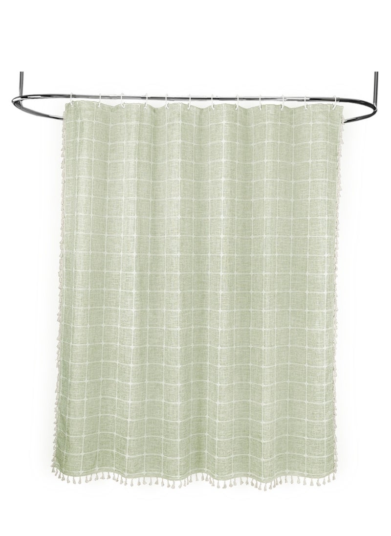 Linen Farmhouse Shower Curtain with Tassel, Rustic Heavy Duty Fabric Set, Water Repellent, Bohemian Vintage Country Design, Thick Cloth Bathroom Shower Curtains, Sage Green, 72x72