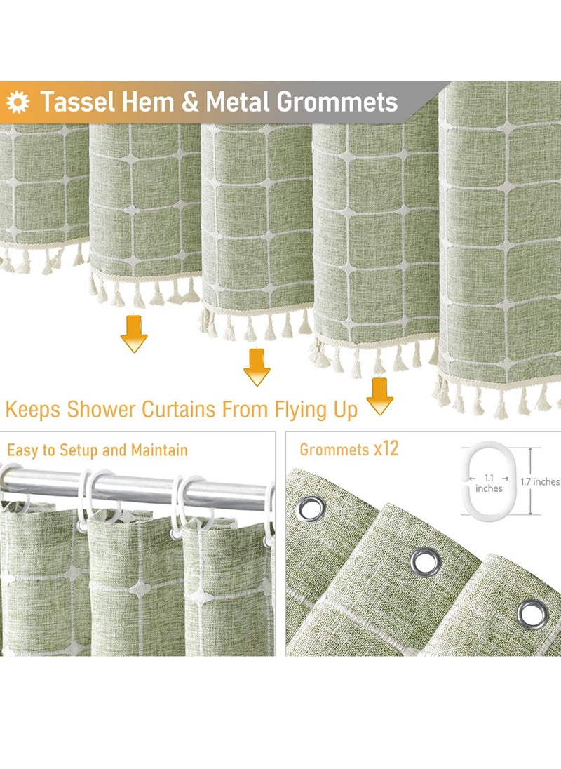 Linen Farmhouse Shower Curtain with Tassel, Rustic Heavy Duty Fabric Set, Water Repellent, Bohemian Vintage Country Design, Thick Cloth Bathroom Shower Curtains, Sage Green, 72x72