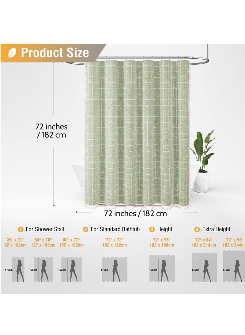 Linen Farmhouse Shower Curtain with Tassel, Rustic Heavy Duty Fabric Set, Water Repellent, Bohemian Vintage Country Design, Thick Cloth Bathroom Shower Curtains, Sage Green, 72x72