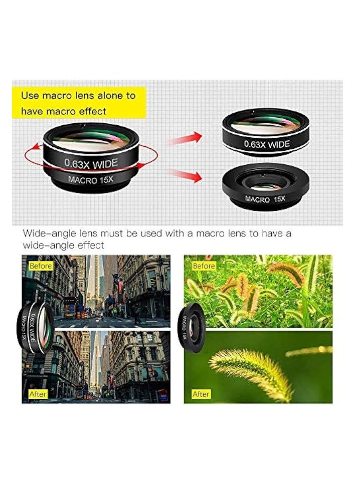 [Upgrade]Phone Lens Kit 10 in 1 Phone Camera Lens,Zoom Lens+198° Fisheye +0.63X Super Wide-Angle + 15X Macro Lens + CPL +Kaleidoscope Lens +Starburst+Flowing water for iPhone Samsung Android (10 in 1)