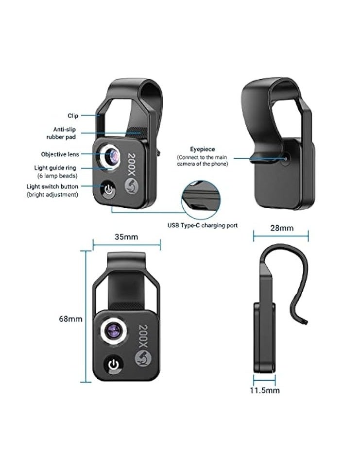 Mobile Phone Microscope, 200x Mini Pocket Microscope with LED Light/Universal Clip Portable Digital Magnifier Camera Accessory with CPL Lens Compatible with iPhone/Andriod Phones(Black)