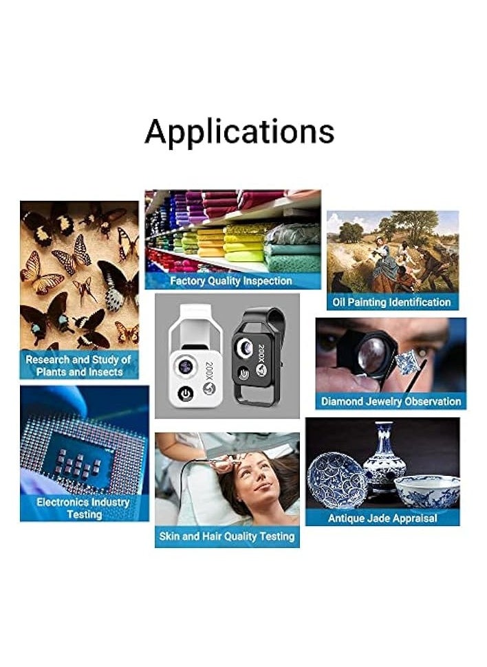 Mobile Phone Microscope, 200x Mini Pocket Microscope with LED Light/Universal Clip Portable Digital Magnifier Camera Accessory with CPL Lens Compatible with iPhone/Andriod Phones(Black)