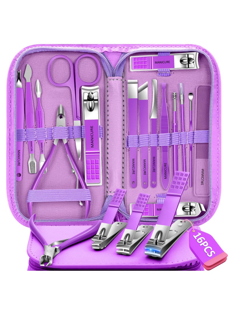 Manicure Set 16Pcs Professional Stainless Steel Pedicure Kit Mens Grooming Kit Fingernail & Toenail Clippers Set Manicure Kit with Luxurious Travel Bag, Sharp Nail Scissors and Clipper (Purple)