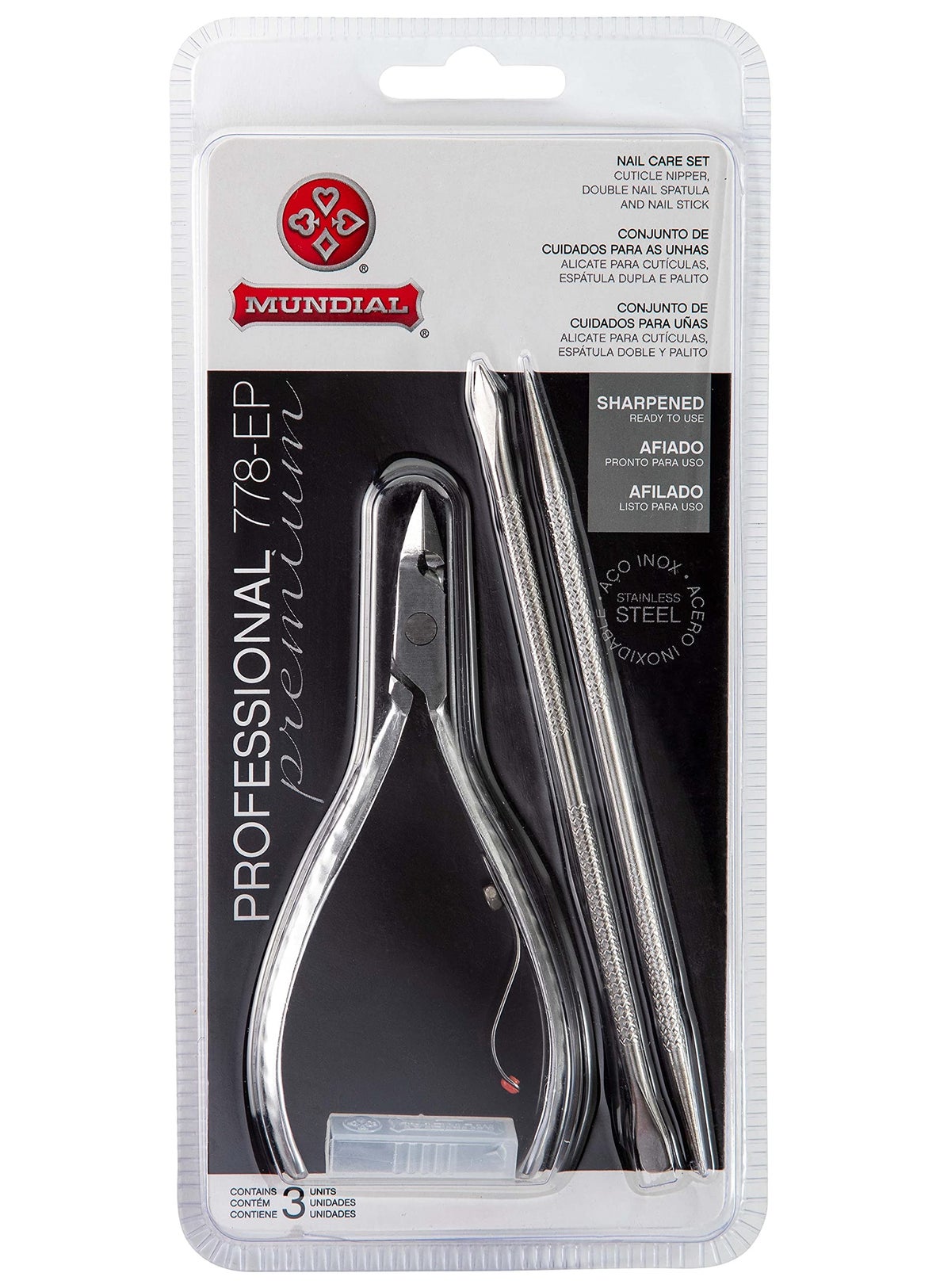 Mundial Nail Care 3 Piece Set - Professional Stainless Steel Cuticle Nippers with Double Nail Spatula and Pusher, Manicure, and Pedicure Trimmer Kit
