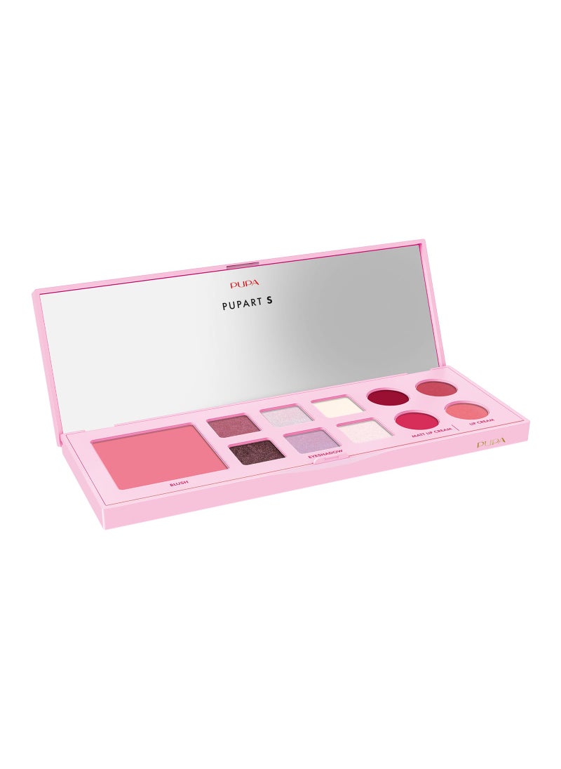 Pupa Milano Pupart S Makeup Palette, 002 Pink, 0.4 oz - Versatile Makeup Kit - Blush for Cheeks - Eyeshadow - Lip Gloss - Lip Cream - Face Makeup