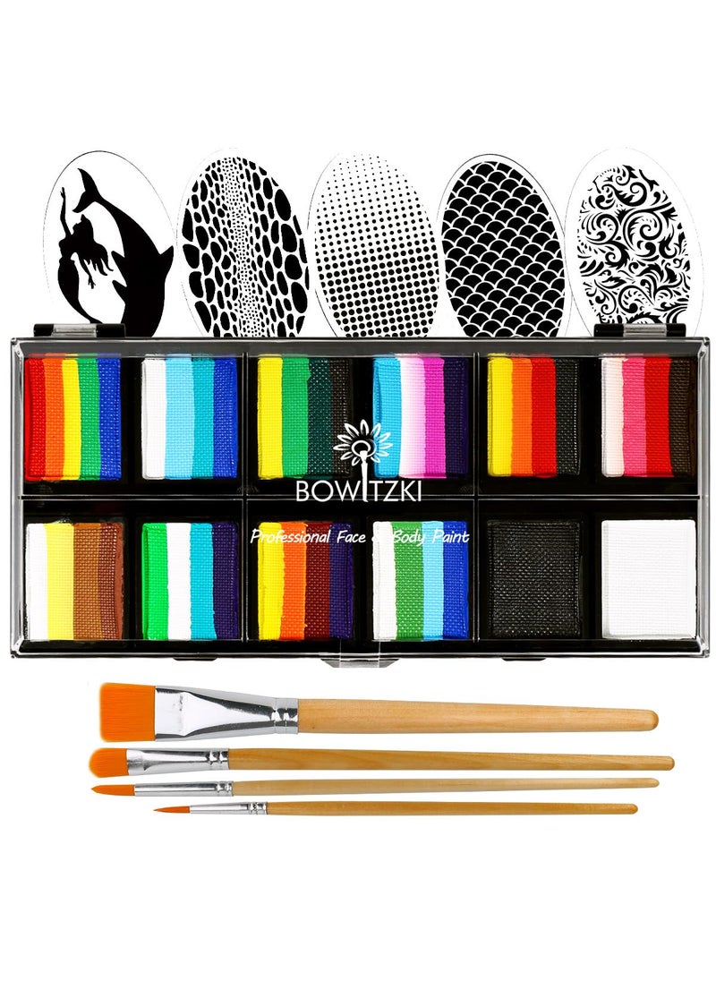 Bowitzki Face Paint Kit Professional Split Cake Face Painting Set For Kids Adults 12x10 gm with Stencil One Stroke Non Toxic Rainbow Flora Dolphin Unicorn Flame Body Paint Halloween Christmas Makeup