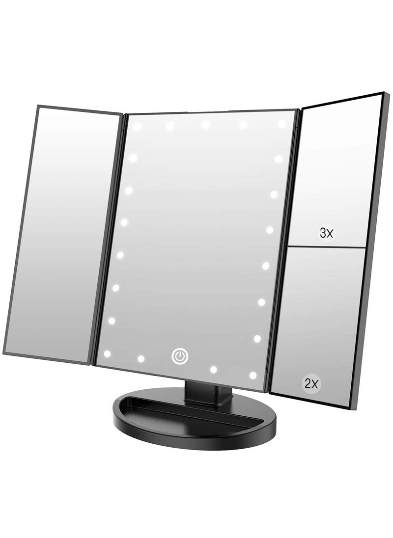 WEILY Makeup Mirror with 21 LED Lights,Two Power Supply Modes, Adjustable Touch Screen and 1x/2x/3x Magnification Tri-Fold Vanity Mirror,Chargeable Travel Cosmetic Mirror for Desktop (Black)