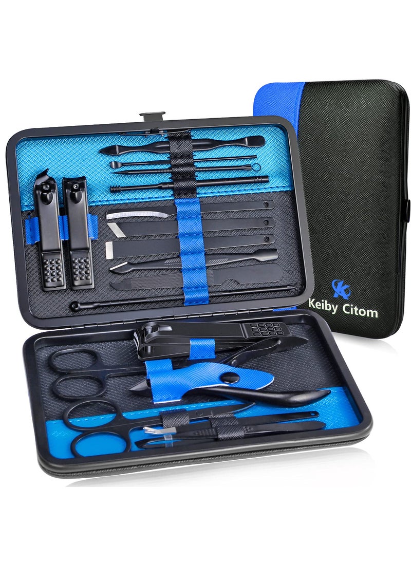 Keiby Citom Professional Stainless Steel Nail Clipper Travel & Grooming Kit Nail Tools Manicure & Pedicure Set of 18pcs with Luxurious Case (Black/Blue)
