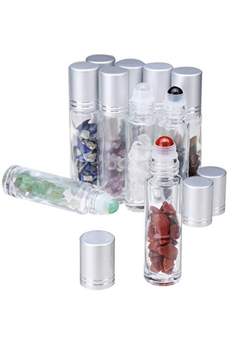 Clear Glass Roller Bottles,10 Pack 10ml 0.33fl oz Gemstone Roller Ball For Essential Oils,Natural Crystal Stones Roller Balls With Silver Lid,Thick Glass Roll on Bottle-Healing Crystal Chips Inside
