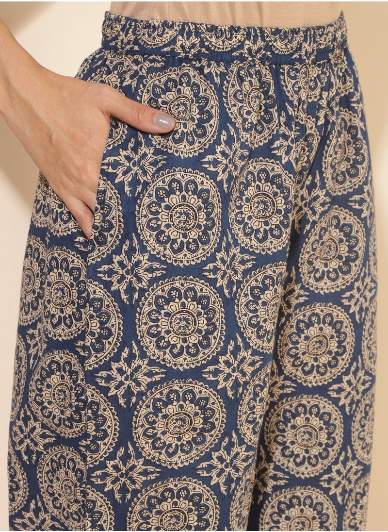 Blue Cotton Printed Kurti And Pant Set