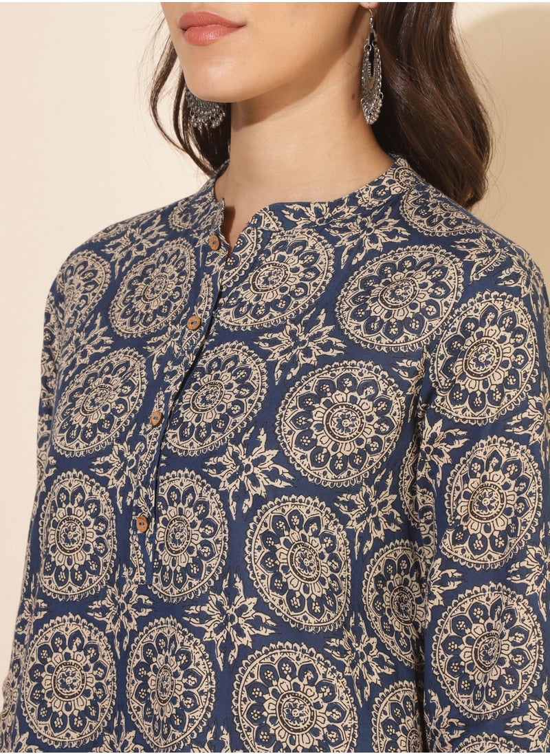 Blue Cotton Printed Kurti And Pant Set