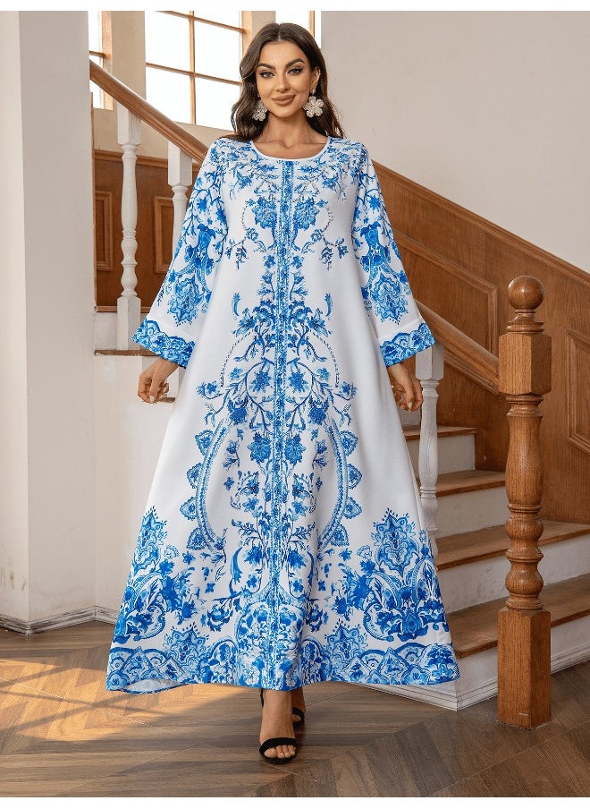 Elegant Round Neck Abaya Dress with High-Density Rhinestones and Beading in Blue and White Porcelain Design for Muslim Women