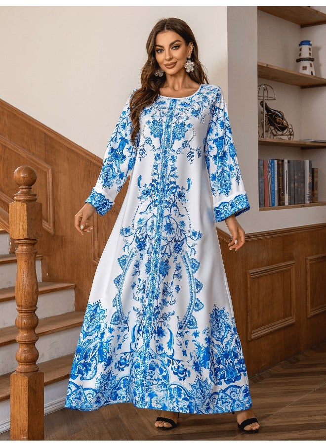 Elegant Round Neck Abaya Dress with High-Density Rhinestones and Beading in Blue and White Porcelain Design for Muslim Women