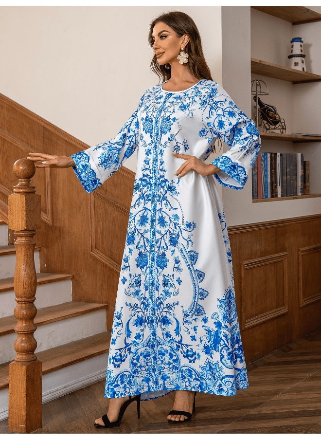 Elegant Round Neck Abaya Dress with High-Density Rhinestones and Beading in Blue and White Porcelain Design for Muslim Women