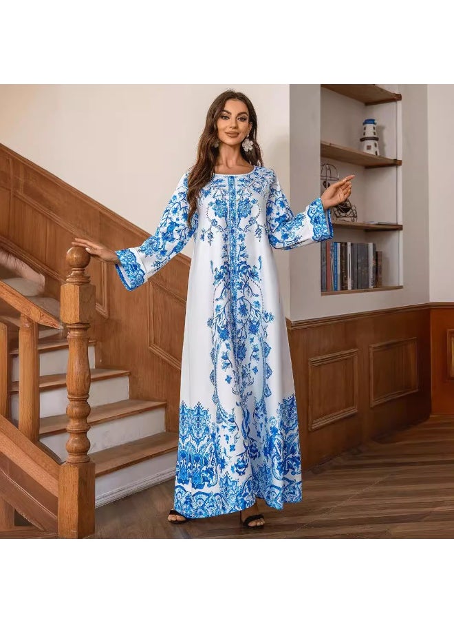 Elegant Round Neck Abaya Dress with High-Density Rhinestones and Beading in Blue and White Porcelain Design for Muslim Women