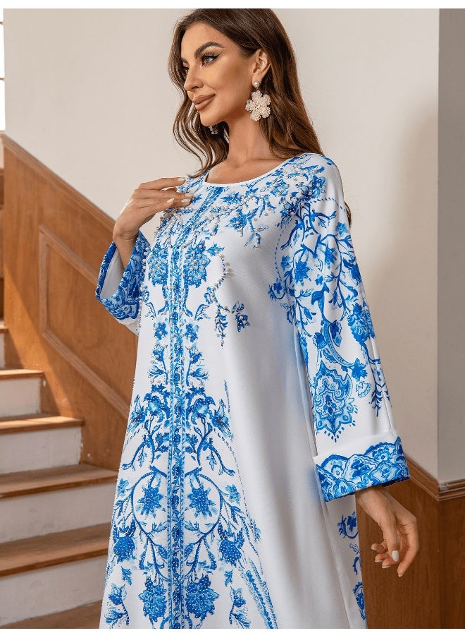 Elegant Round Neck Abaya Dress with High-Density Rhinestones and Beading in Blue and White Porcelain Design for Muslim Women