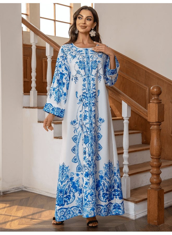 Elegant Round Neck Abaya Dress with High-Density Rhinestones and Beading in Blue and White Porcelain Design for Muslim Women