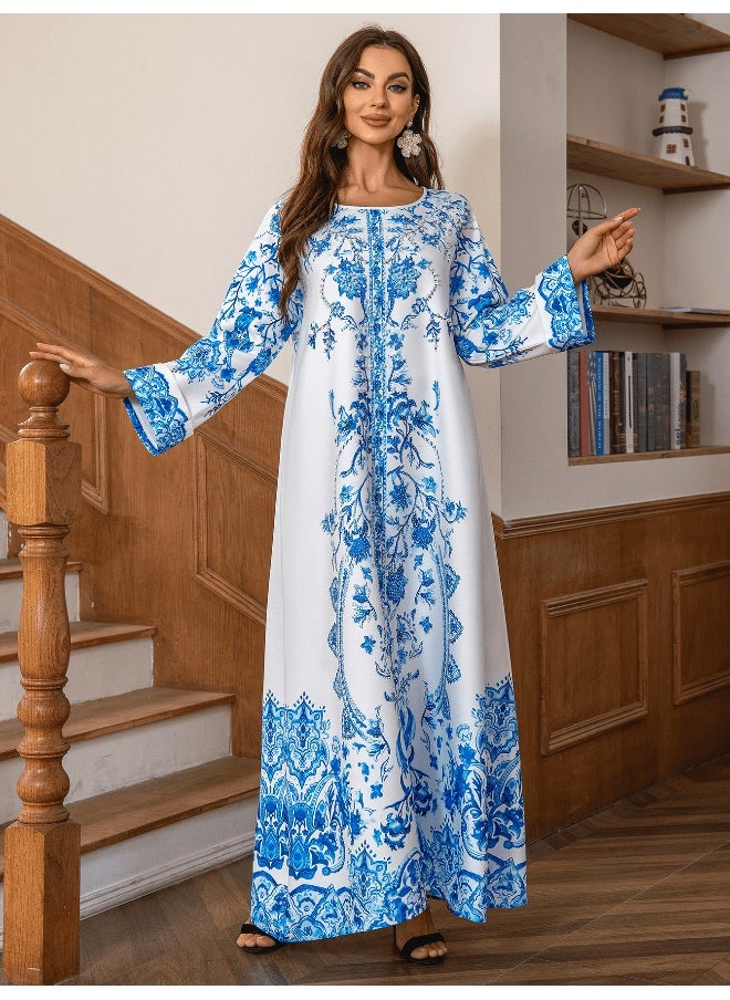 Elegant Round Neck Abaya Dress with High-Density Rhinestones and Beading in Blue and White Porcelain Design for Muslim Women